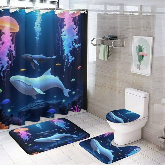 Whales And Jellyfish Undersea Shower Curtain Waterproof Bathroom Curtain Set with Hooks Home Decor Bathroom Curtains 4pcs