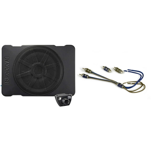 Kicker 51HS10 Hideaway Compact Powered Subwoofer, 10-Inch & 46KISL K-Series Interconnect, Speaker Wire To RCA Adapters