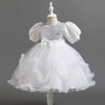 thumbnail image 5 of Wuxian Toddler Girls Bow Tutu Sequins Dress Short Puff Sleeve Round Neck High Waist Ruffles Tutu Dress Glitter Mesh Party Gown With Layered Dresses,White,4-5 Years, 5 of 7