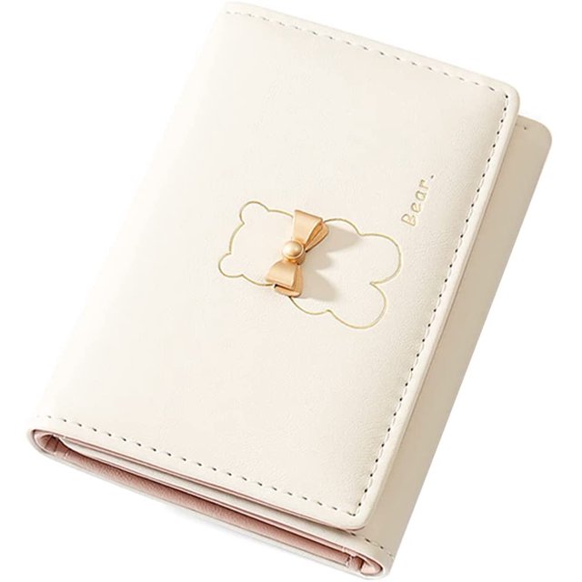 Carteras pequeñas para niñas, billetera con estampado de oso lindo, billetera pequeña con tres pliegues, bolsillo para efectivo, tarjetero, (Beige) WD.WDQZL Hogar