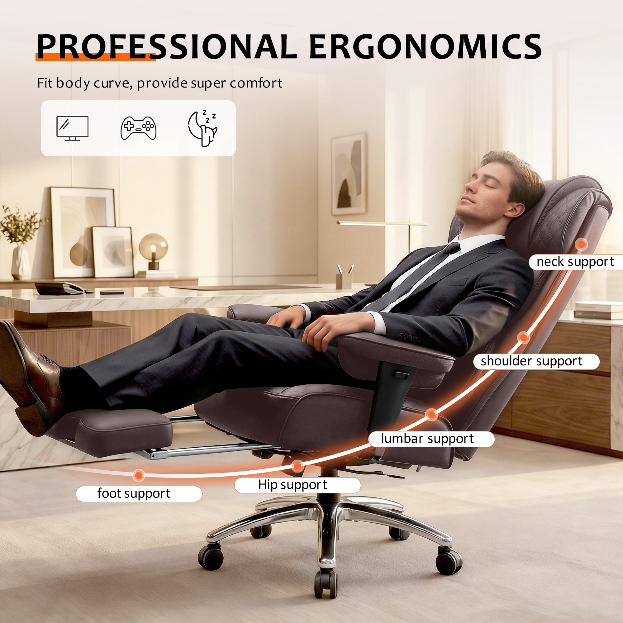FASTES Office Chair, Big and Tall Desk Chairs 400lbs Gaming Chair with Footrest, Ergonomic Executive High-Back Reclining Computer Chairs, Swivel Rolling Wheels and Lumbar Support, Coffee