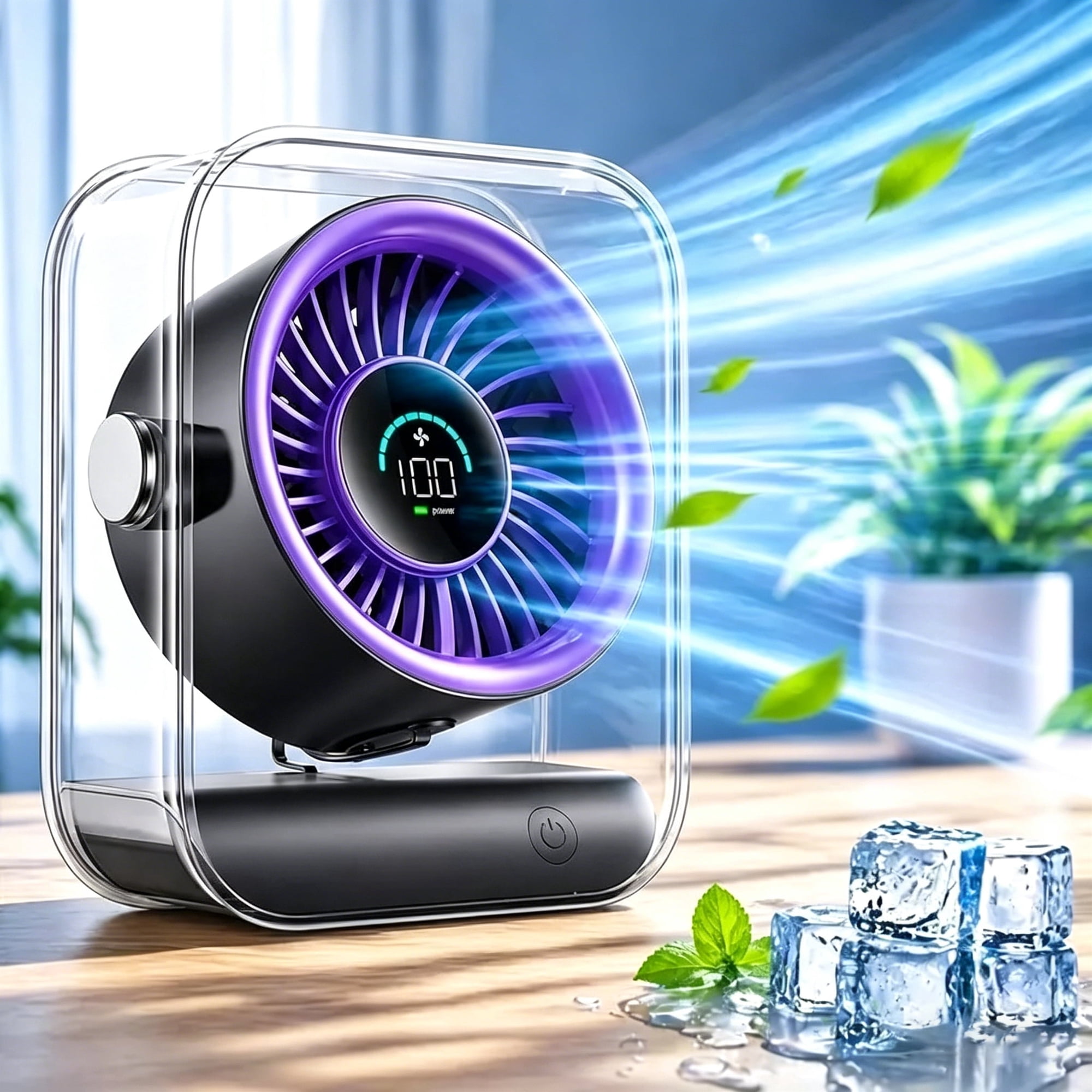 Wiher Table Fan Quiet, Rechargeable Desk Fan with Turbo Airflow, 100 Speeds, Digital Display, 90° Rotating, Small Battery Desktop Fans for Bedroom Home Office Travel, Purple