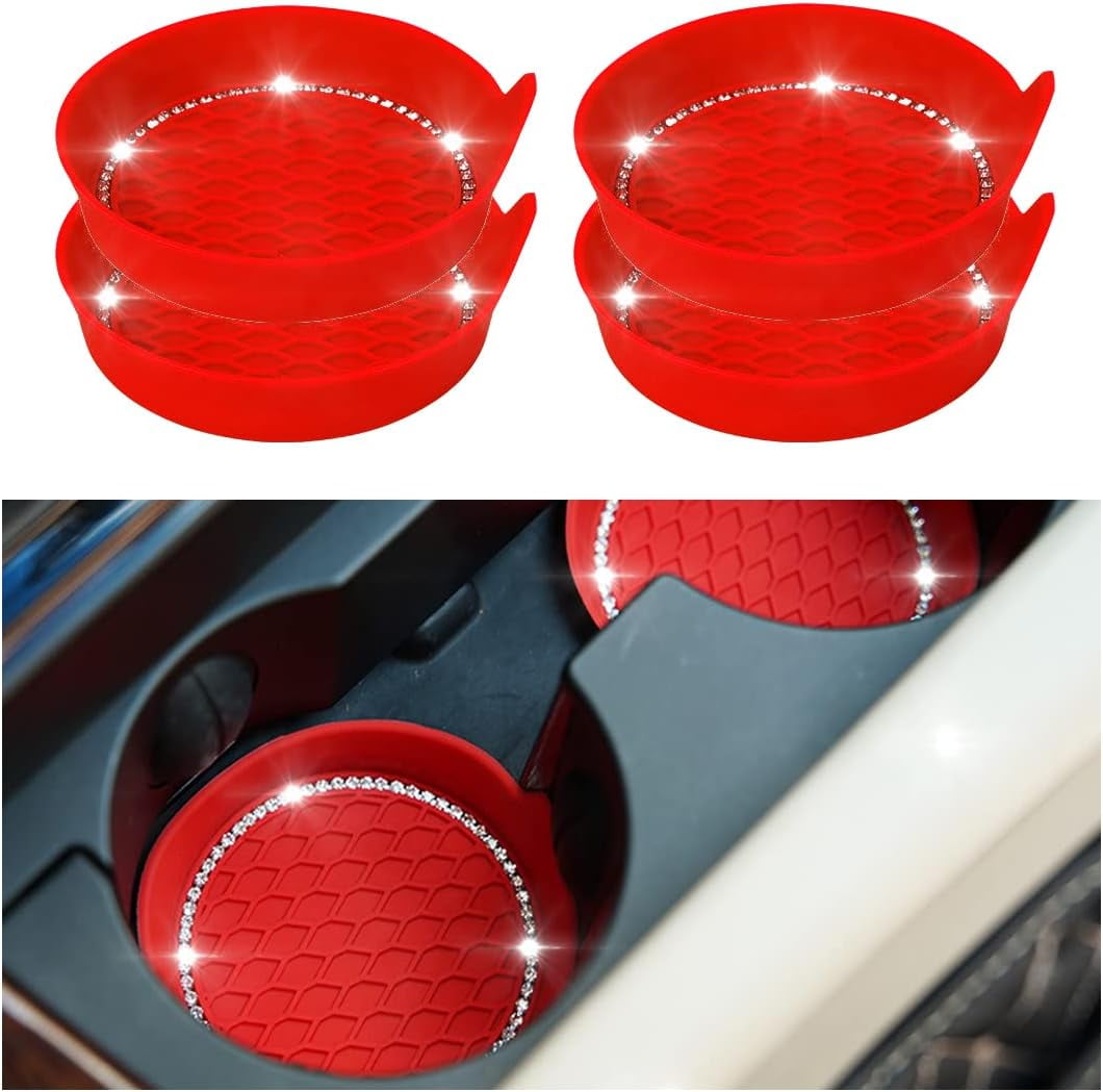 Car Cup Holder Coasters, 4 Pack Bling Rhinestone Silicone NonSlip