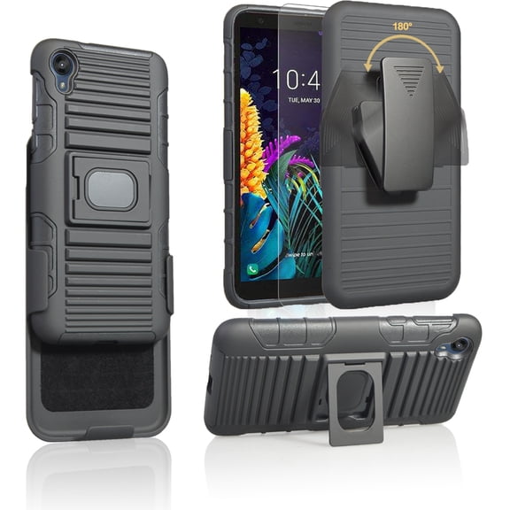 Compatible with Motorola Moto E6 Case with Tempered Glass Screen Protector Belt Clip Holster Defender Rugged Shock Proof Armor Heavy Protection Phone Cover w/Magnetic Mount Plate [Black]