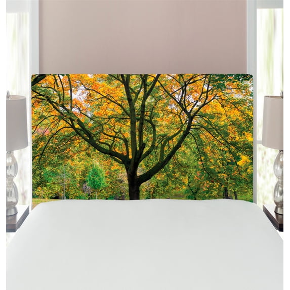 Tree Headboard, Third Season of the Year in the Park Dead Leaves Autumn to Winter Seasonal Picture, Upholstered Decorative Metal Bed Headboard with Memory Foam, Twin Size, Green Yellow, by Ambesonne