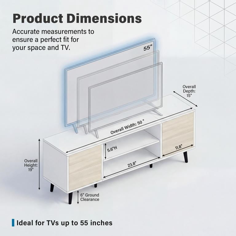 Vineego TV Stand for 55 Inch TV with 2 Push-to-Open Doors, Mid-Century Modern Media Console with Open Shelves, Entertainment Center for Living Room Bedroom, Beige & White