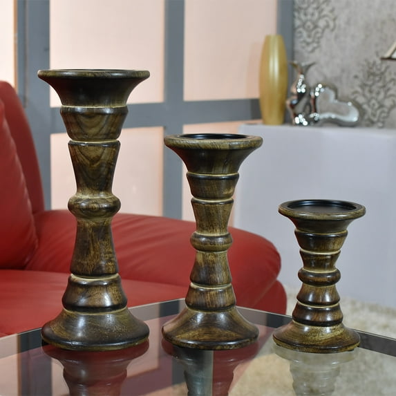 Handmade Wood Eco-Friendly Traditional Medium Burnt Set Of Three Pillar Candle Holder