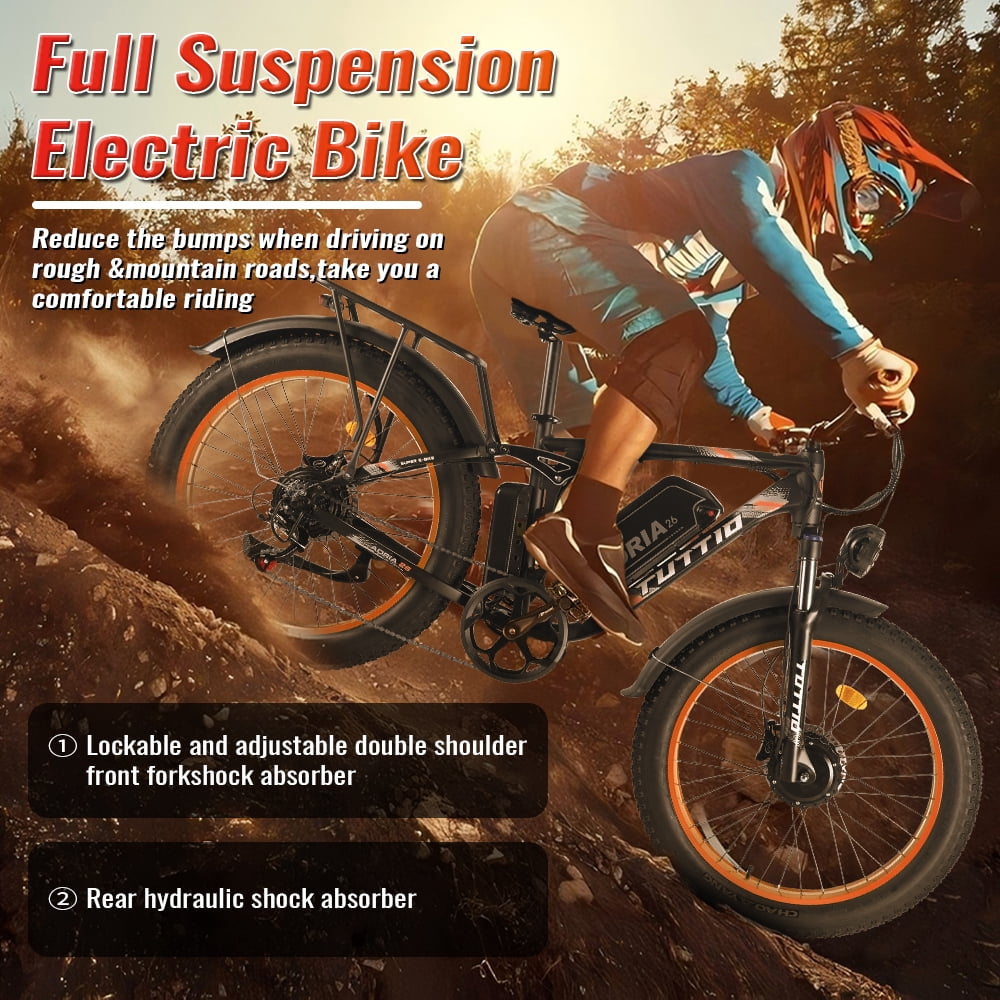 TUTTIO Adria26 Electric Mountain Bike for Adults Teen, 5000W Men Off-Road Ebike, 26" Fat Tire Full Suspension Electric Bicycles, 7 Speed, 52V 30Ah Battery, Max 46Mph UL2849