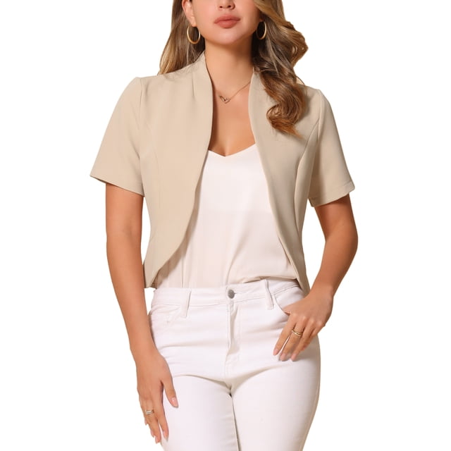 BLAZER DE TRABAJO CHIC PARA MUJERES INSPIRE, CON CUELLO SHAWL, SIN CUELLO, ABIERTO EN FRONTAL, CORTO, COLOR BEIGE