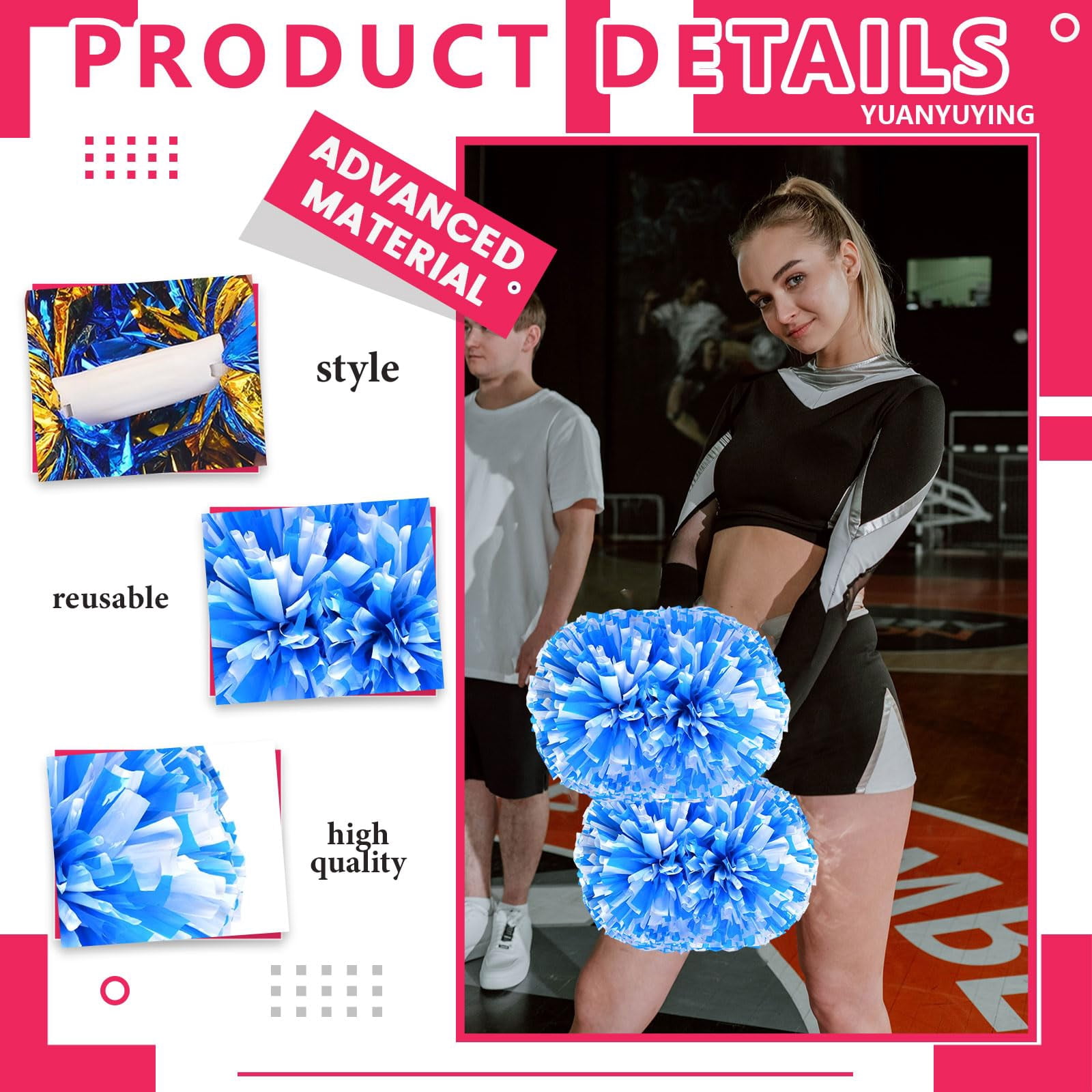 Cheer Pom Poms 20 Pcs with Handle, Cheerleading Handheld Squad Pompoms for Sports Team Cheer Spirit Games Dance Party Adults