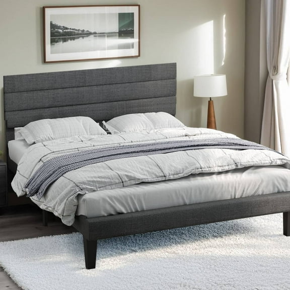 Ktaxon Upholstered Queen Size Bed Frame, Platform Bed  with Headboard, Gray