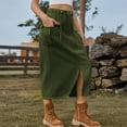 thumbnail image 4 of SMihono Women's Casual Button Jean Skirt High Waist Stretch Long Denim Skirts Front Slit Elastic Flap Pockets Midi Skirts Army Green 10, 4 of 5