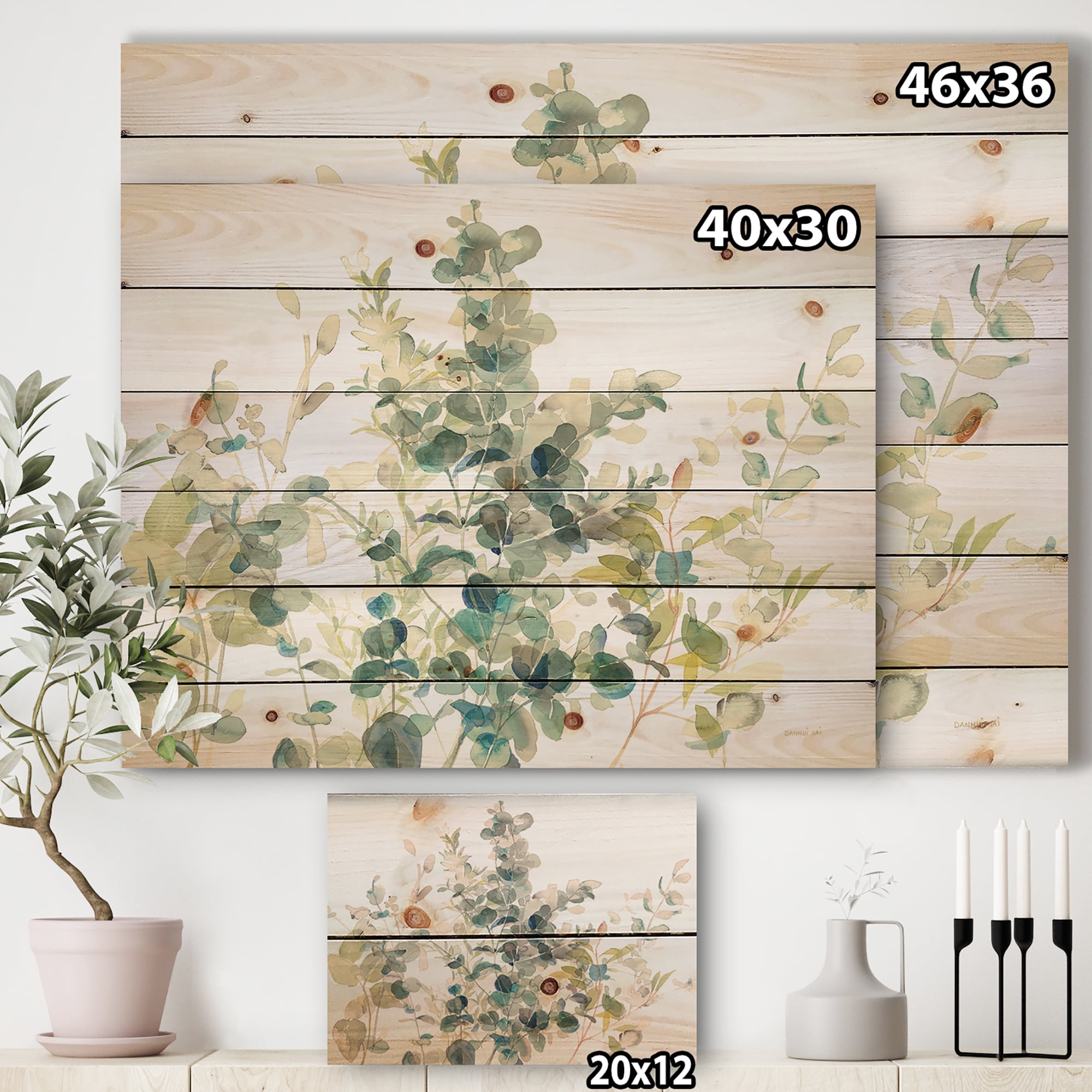Designart 'Eucalyptus Natural Element On White' Farmhouse Print on Natural Pine Wood