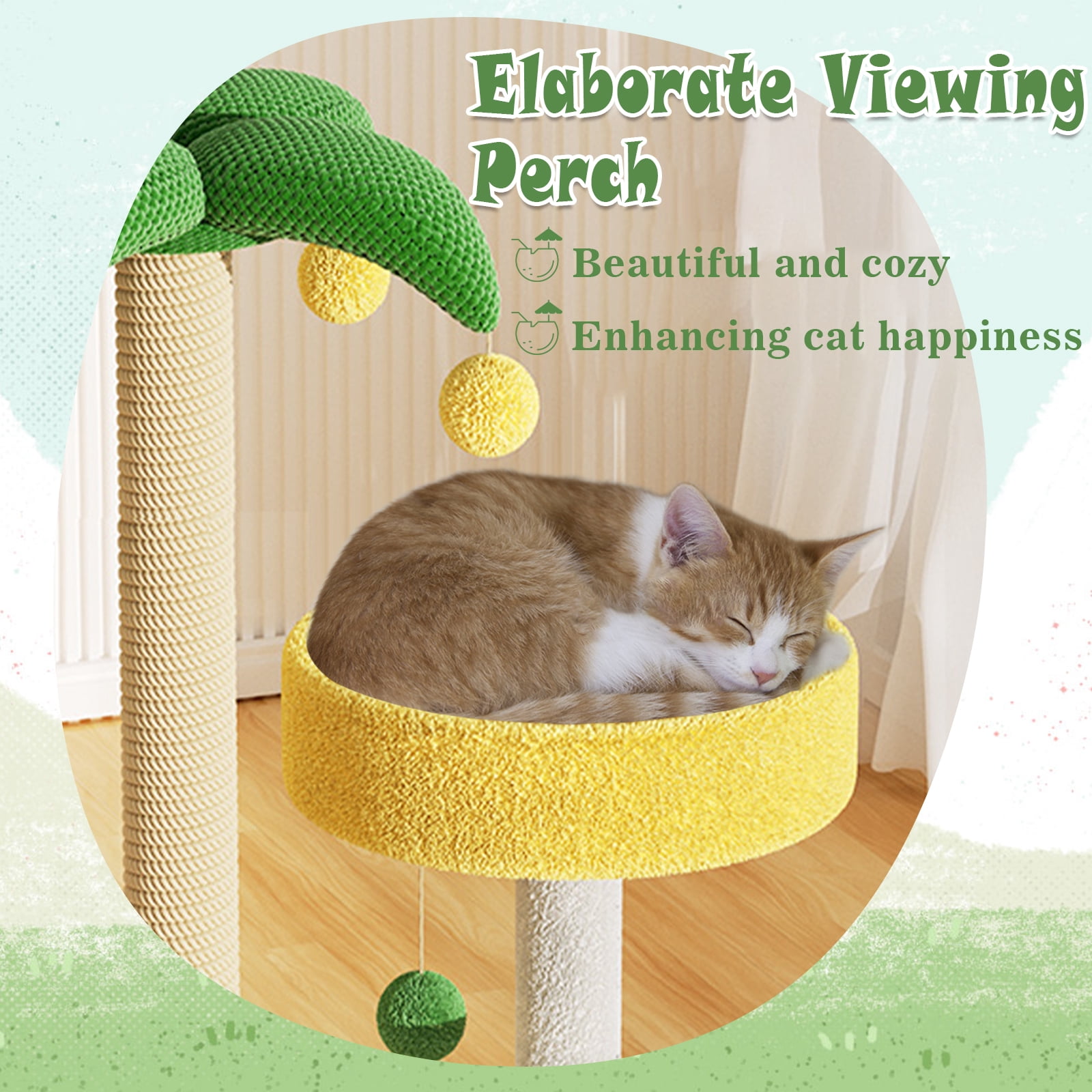 VIVBOO Cat Tree 27.6 inch Tower for Indoor Cats Yellow Green Coconut Cat Scratching Post.