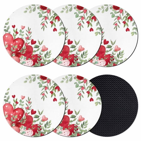 Valentine Love Heart Coasters Set of 6 Absorbent Coasters for Drinks Red Eucalyptus Leaf Botanical Coaster for Desk Coffee Table Protection Home Decor House Warming Gifts 4