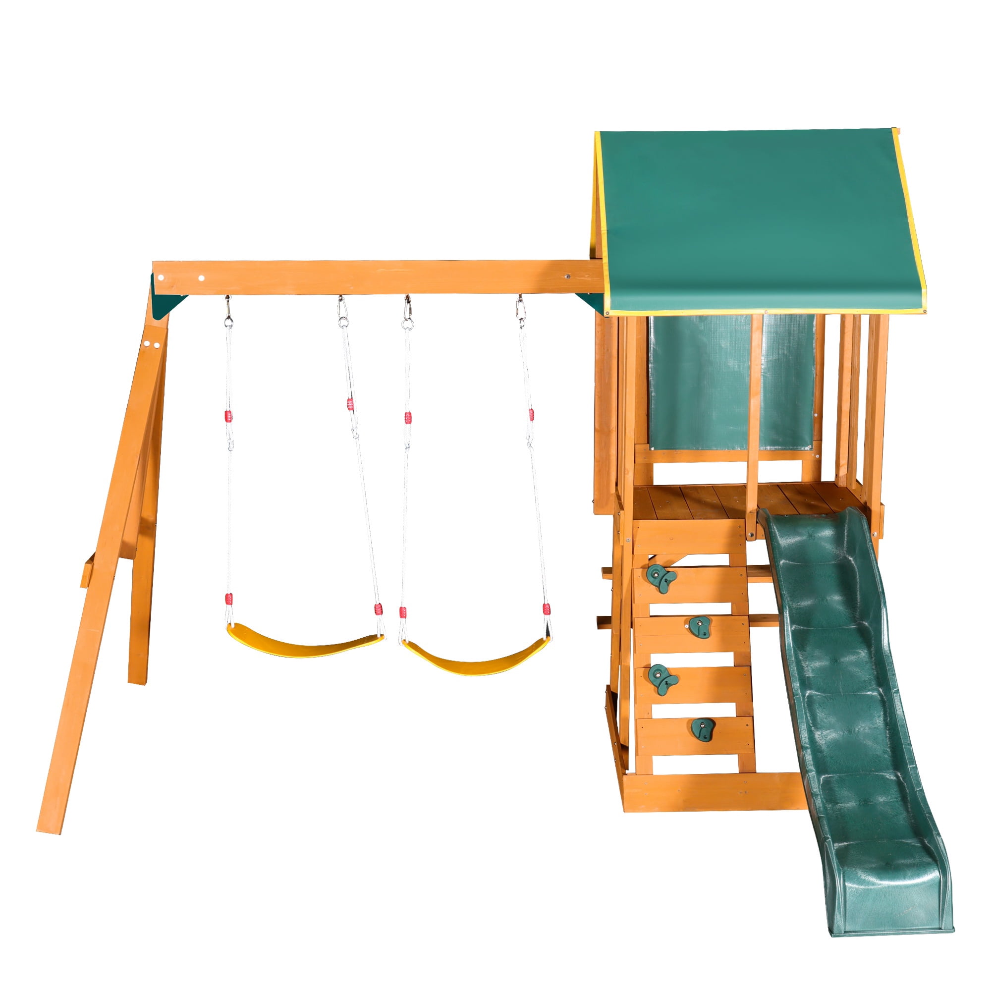 Wooden Outdoor Swing Set, SHINPT All-in-One Kids Outdoor Play Equipment for Kids Age 3-12 with Wave Slide, 2 Swings, Climbing Wall, Canopy Roof and Ladder, Kids Playground for Backyard, Garden, Park
