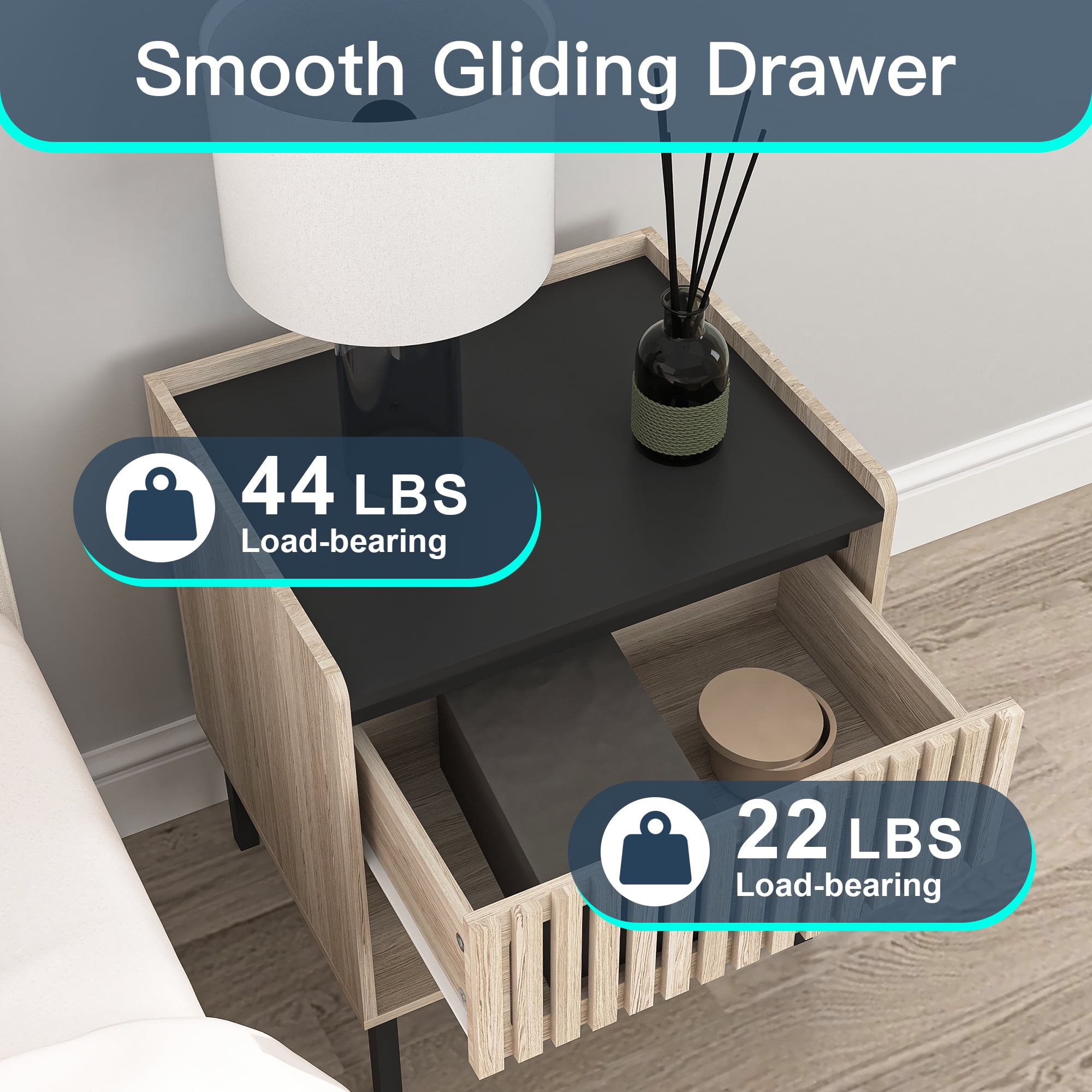 Demi Bonn Set of 2 Modern Nightstand with Minimalist Iron Foot Design, Vertical Stripe Elements, Bedside Cabinets for Contemporary Homes, Beige