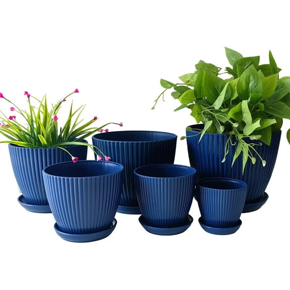 7.5/6.5/5.5/4.9/4.2/3.5 inches Plant Planters 6 Pack, Thick Sturdy Plastic Pots for Plants, Indoor/Outdoor 6 Sizes Flower Pots with Drainage Holes and Saucers (6 Sizes,Dark-Blue)