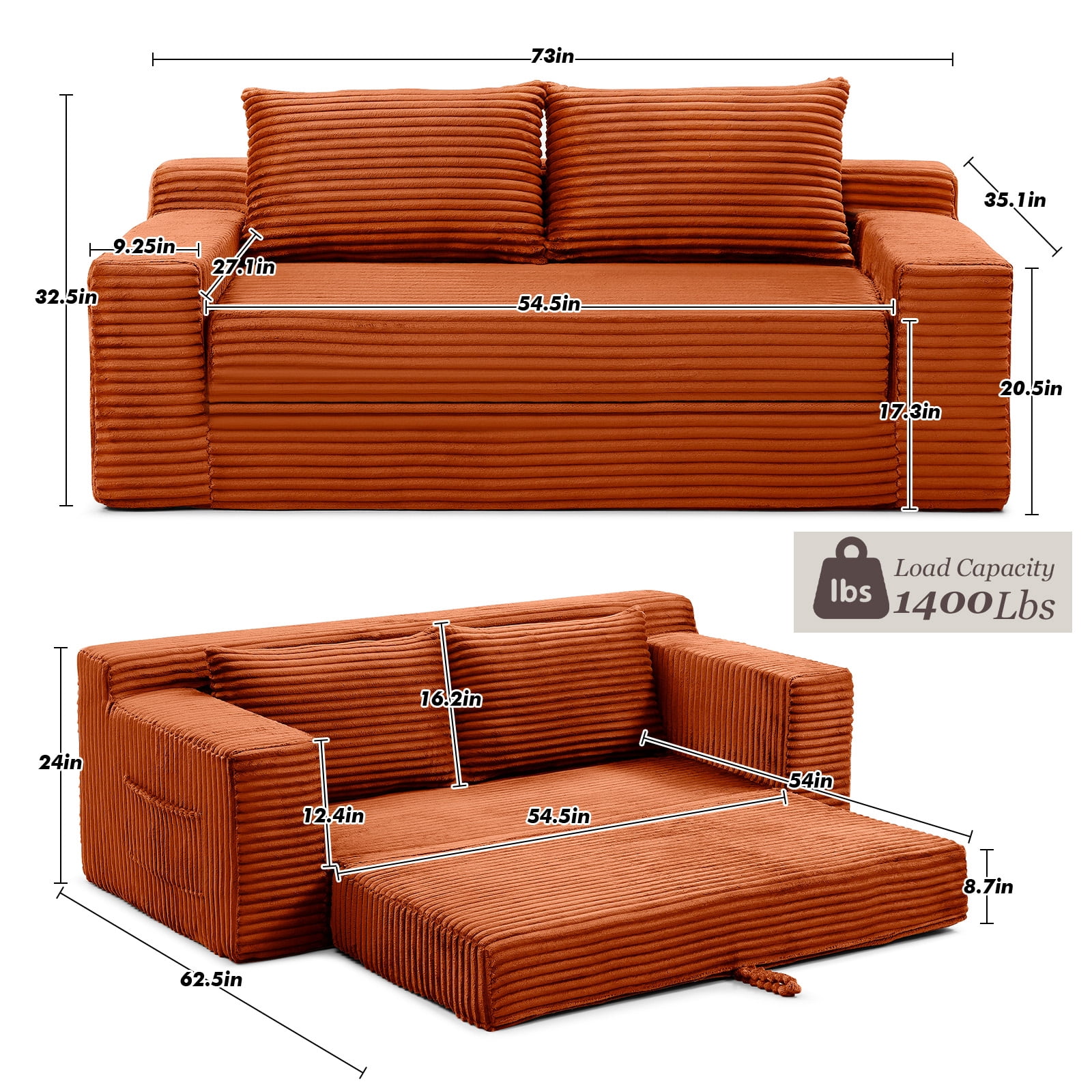 Memory Foam Cloud Sofa Bed 2-in-1 Couches No Assembly Corduroy Small Space Apartment Living Room,orange