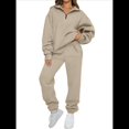 thumbnail image 1 of Conjuntos de Dos Piezas para Mujer: Jersey de Larga con Media Cremallera y Pantalón Deportivo Holgado con Bolsillos. Caqui L, 1 of 8