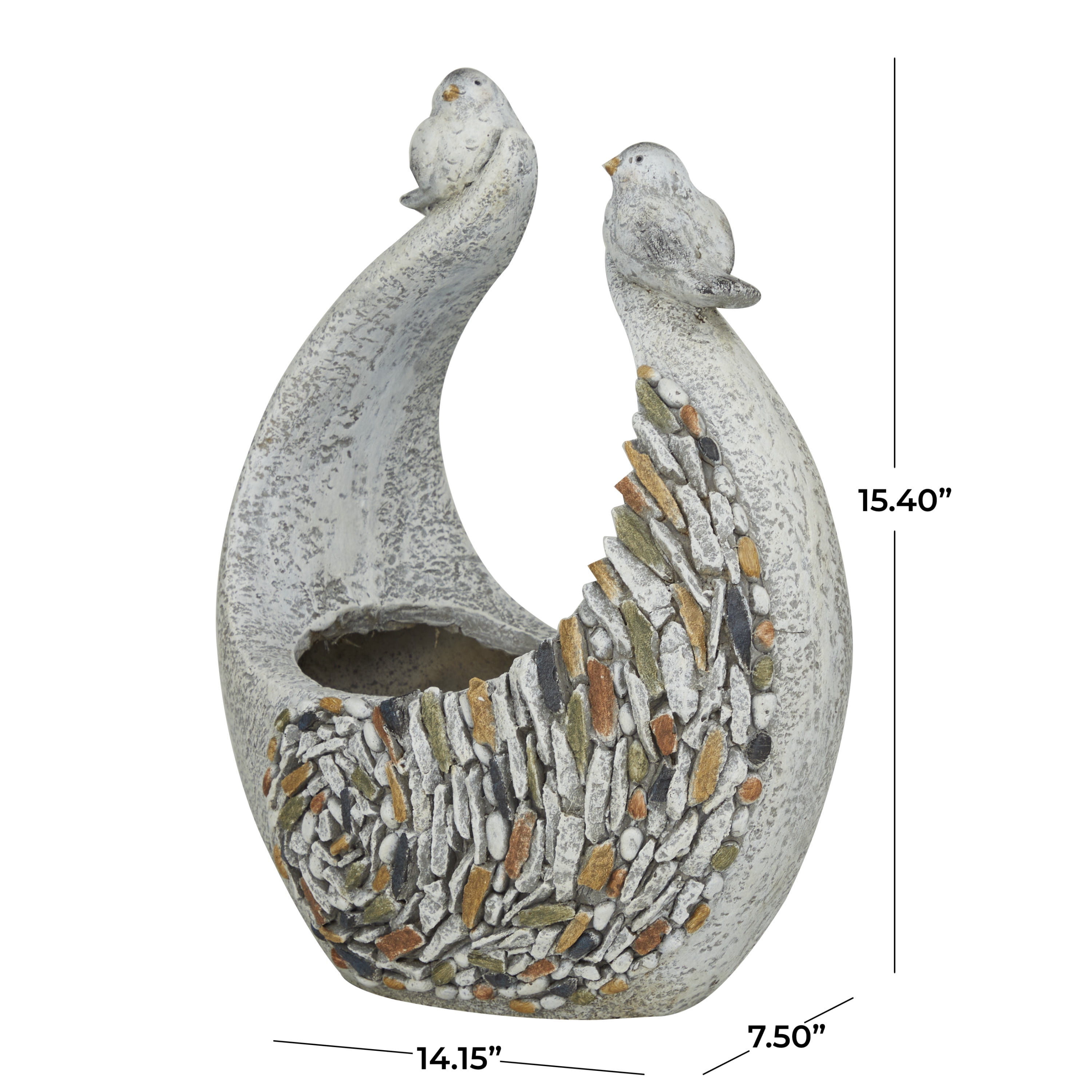 DecMode 14" x 15" Indoor Outdoor Gray Fiberglass Bird Planter with Stone Mosaic Design