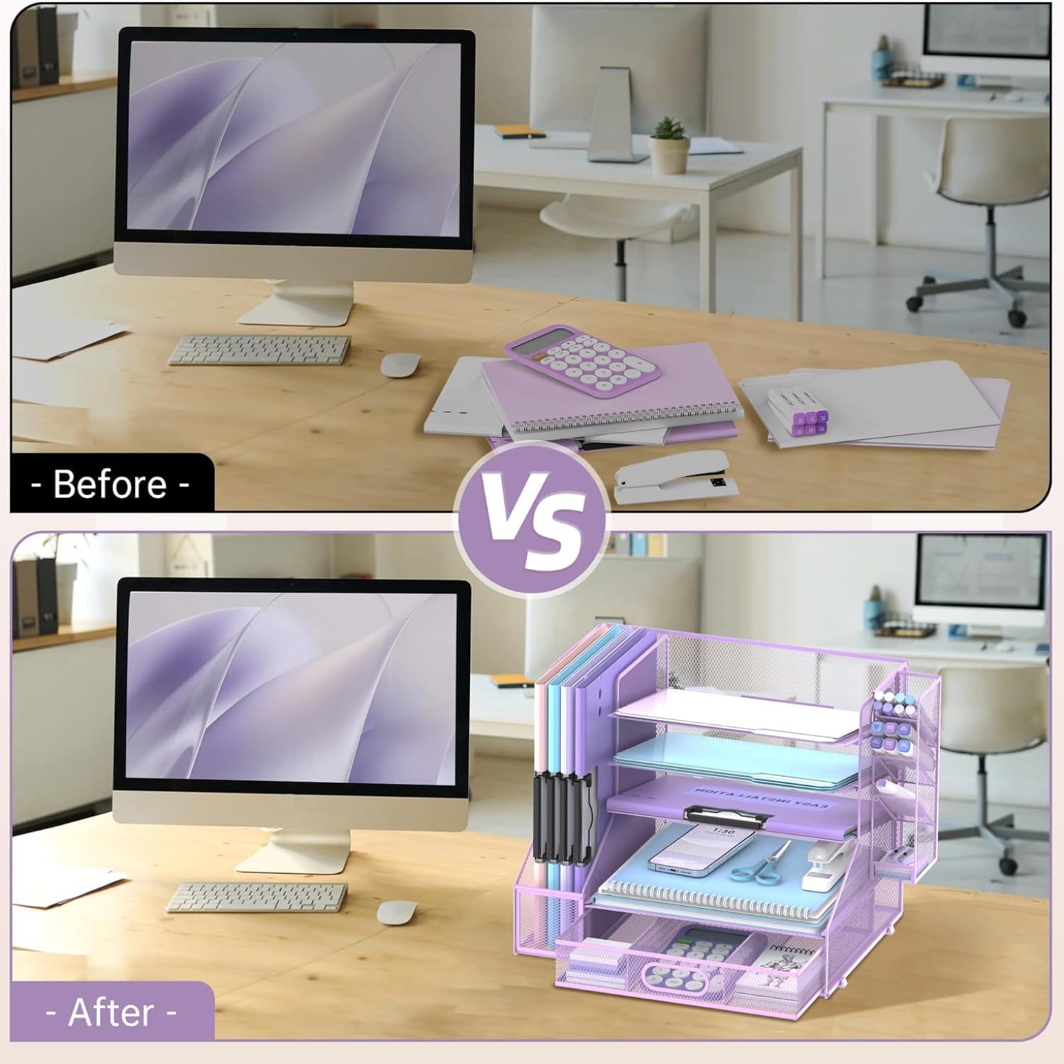 INTIGE 5-Tier Metal Mesh Desktop Organizer with File Holder, Drawers and Pen Holder, Paper Organizer, Purple, 1 Pack