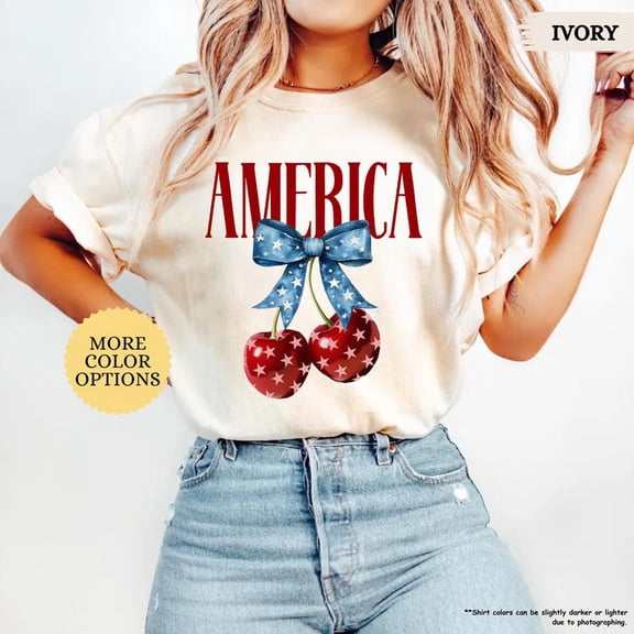 America Cherries Bow Shirt, America Cherries 4th of July Shirt, Patriotic Women Shirt, Girly 4th of July Shirt, USA Flag Tee