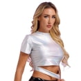 thumbnail image 3 of Blusa corta metalizada brillante para mujer, cuello alto, manga corta, corte ajustado, blusa de moda, camisola para fiesta, jazz, discoteca, rave, ropa de club, 3 of 5