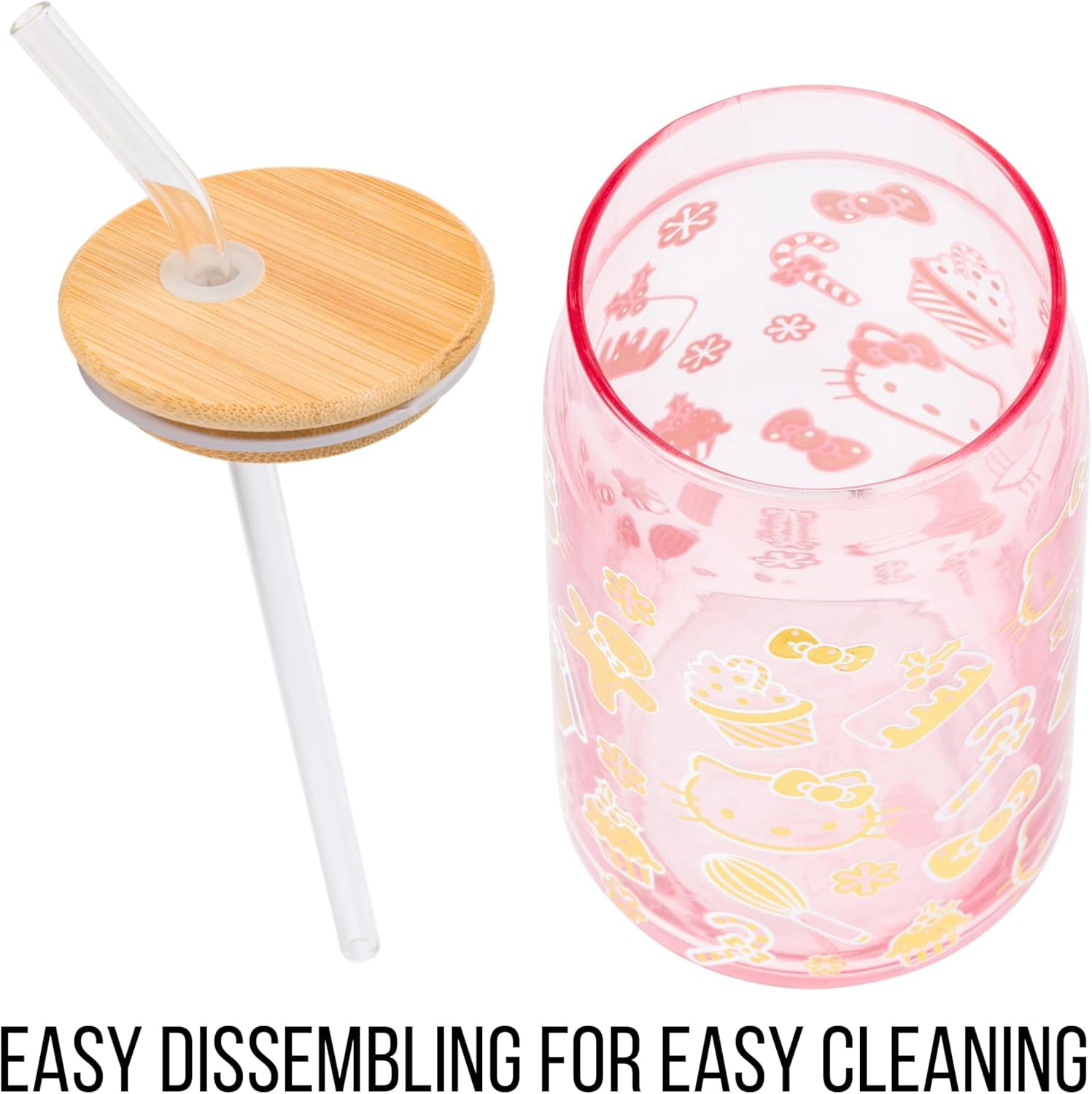 Silver Buffalo Sanrio Hello Kitty Gingerbread Cookies Christmas Holiday Pink and Gold Foil Glass Jar Tumbler with Bamboo Lid and Glass Straw, 16 Ounces