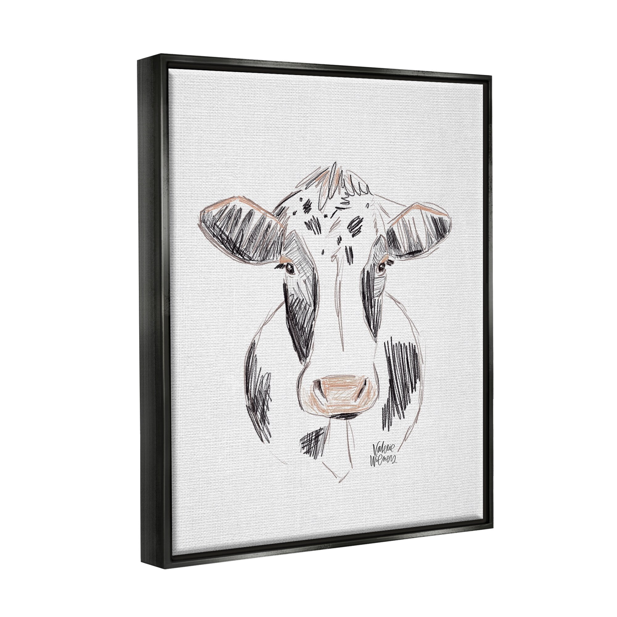 Stupell Industries Dairy Cow Farm Animal Sketch Style Drawing Drawing Print Jet Black Floating Framed Canvas Print Wall Art, Design by Valerie Wieners