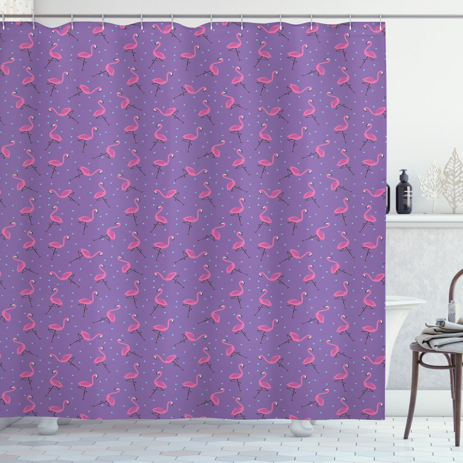 A pink flamingo Shower Curtain Waterproof Polyester Fabric & 12Hooks 71*71inches 