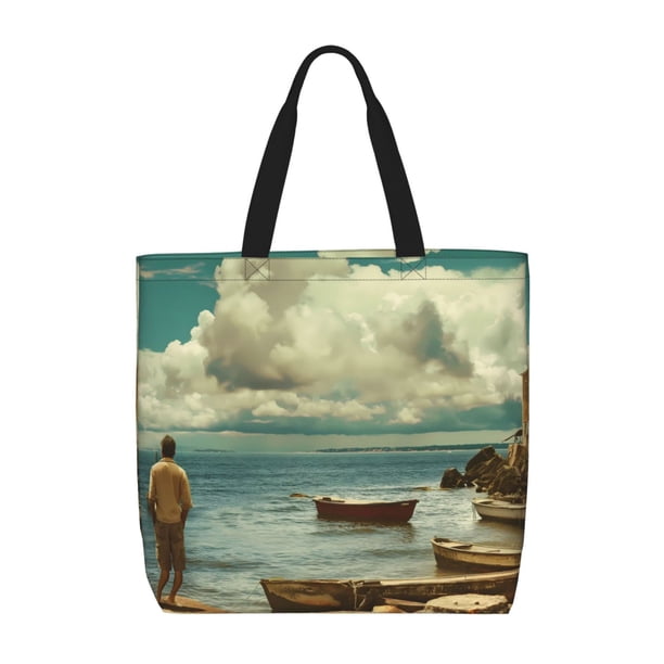 Fotbe Serene Coastal Blue Sky Bolsa Tote con Estampado para Mujer, Bolsos con Cremallera, Bolsa de Hombro Casual de Gran Capacidad con Bolsillos Internos