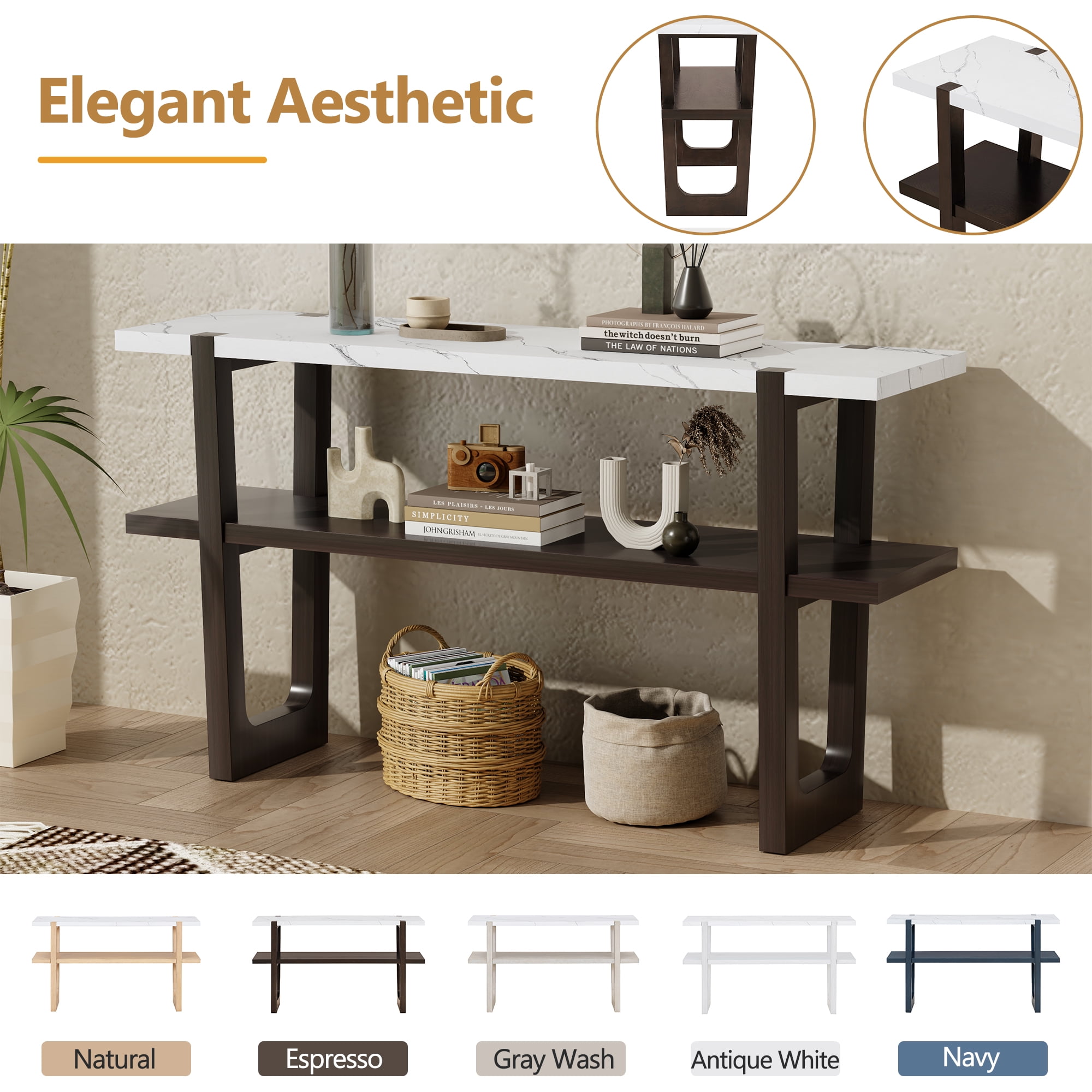 MAYEERTY Narrow Console Table with Marble-Effect Top and Open Shelf for Entryway, Hallway, Living Room, Espresso