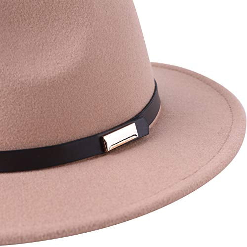 Lanzom Classic Fedora Hats for Women Lady Wide Brim Felt Panama Hat with Belt Buckle 