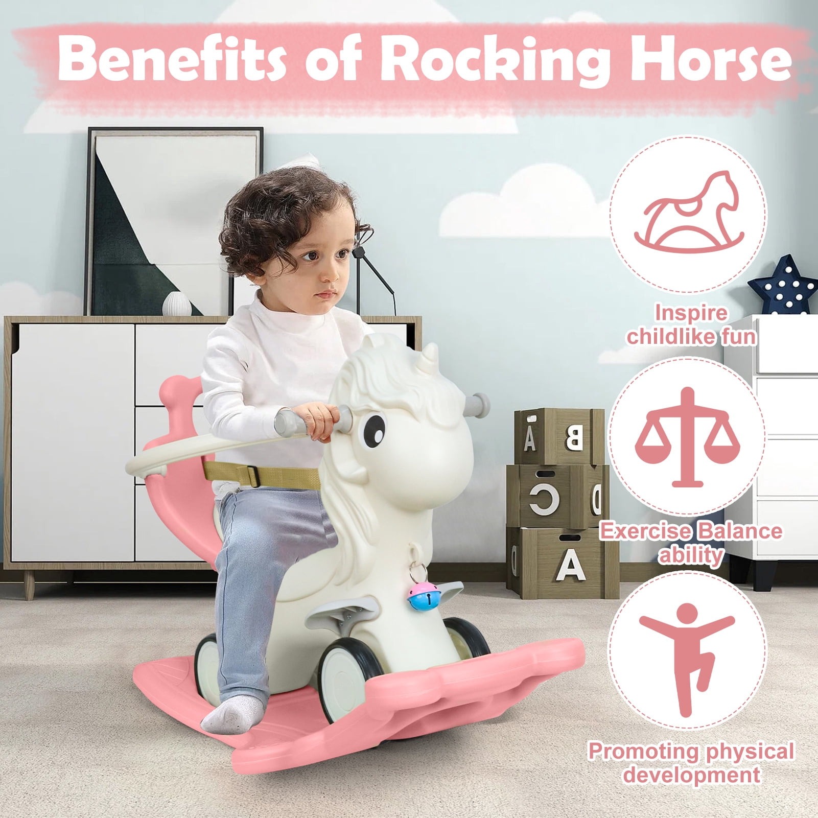 Wdmiya 4 in 1 Rocking Horse for Toddlers 1-3 Years Old, Baby Unicorn Rocking Toy Birthday Gift for Boy and Girl, Ride on Toy with Detachable Balance Board，Balance Bike with Push Handle, Pink