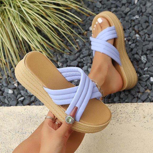 Hinvhai Sandales à Talon Compensé à Brides Croisées pour Femmes, Sandales à Plateforme à Bout Ouvert Rembourrées, Sandales d'Été Douces et Coussinées Bleu 7.5(40)