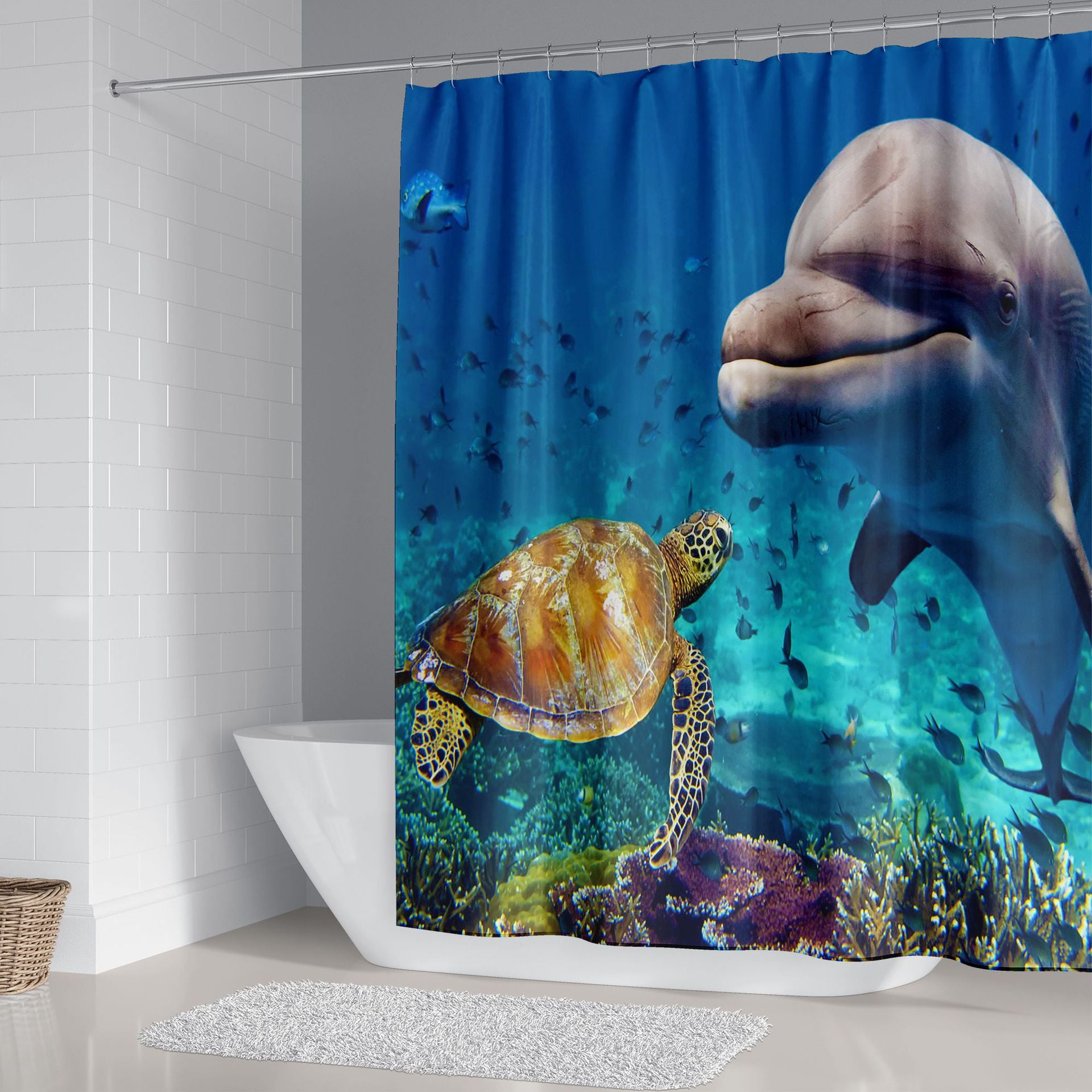Dolphins & sea turtles Shower Curtain Polyester Bath 12 Hooks Bathroom Mat NEW 