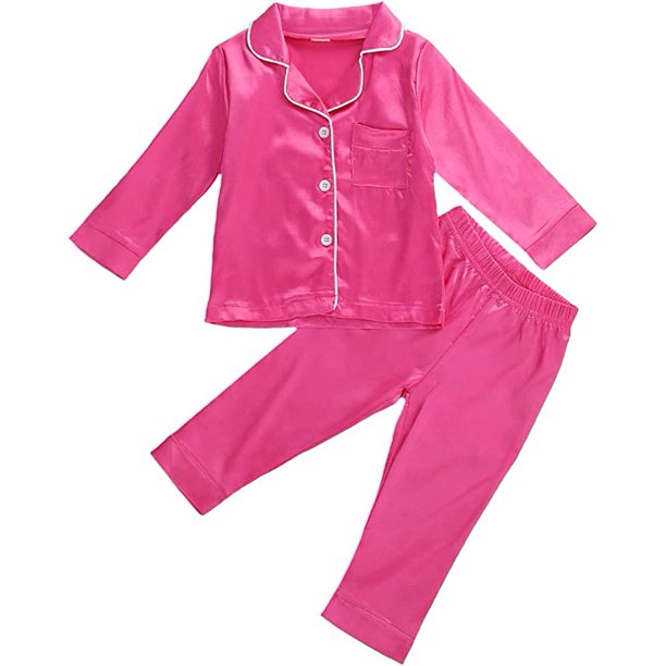 DOUBFIVSY Toddler Baby Girl Satin Silk Pajamas Set, 2 Piece Long Sleve Collared Button Down