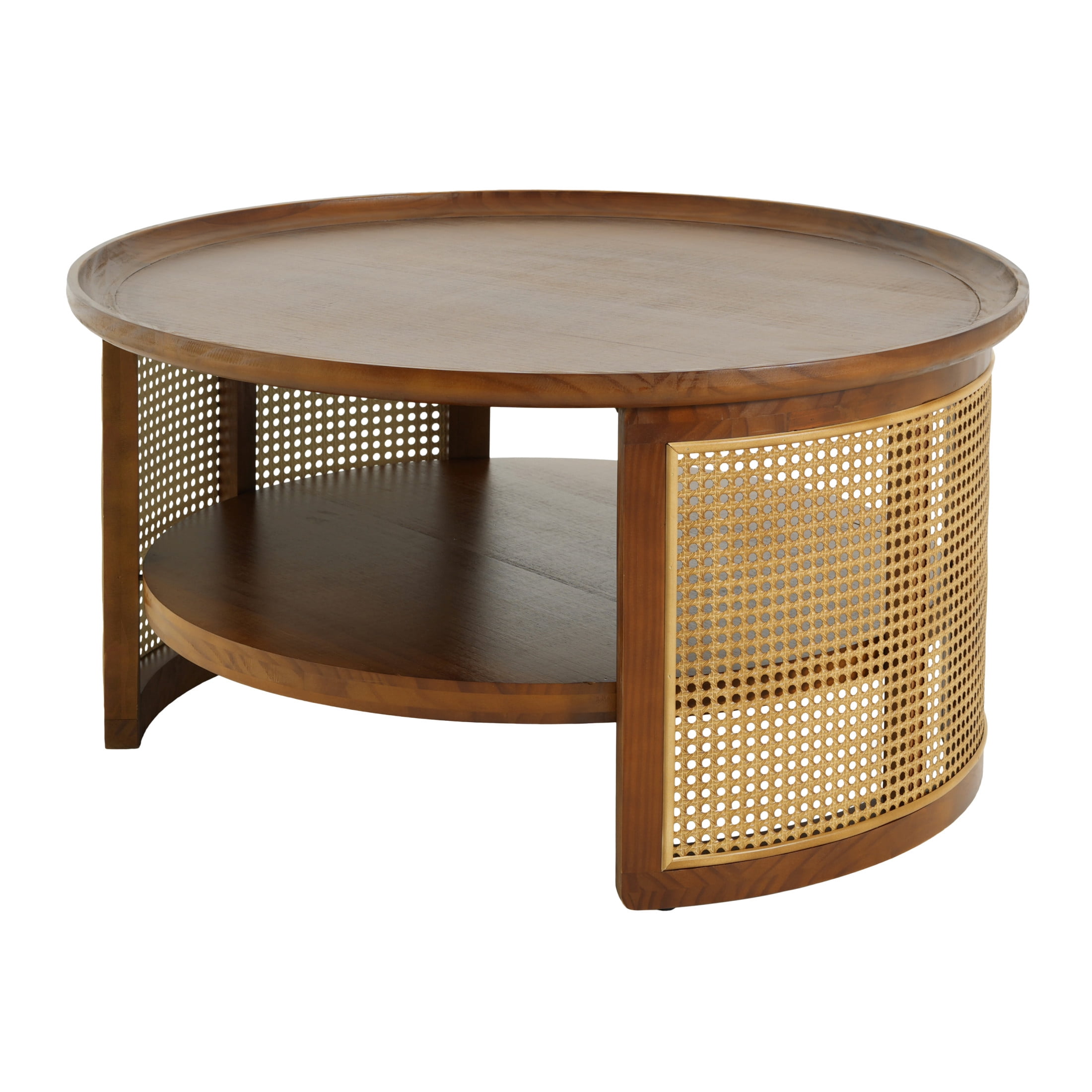 Christopher Knight Home 31.5" Boho Farmhouse Round Coffee Table with Shelf and Rattan Side, Walnut+Gold