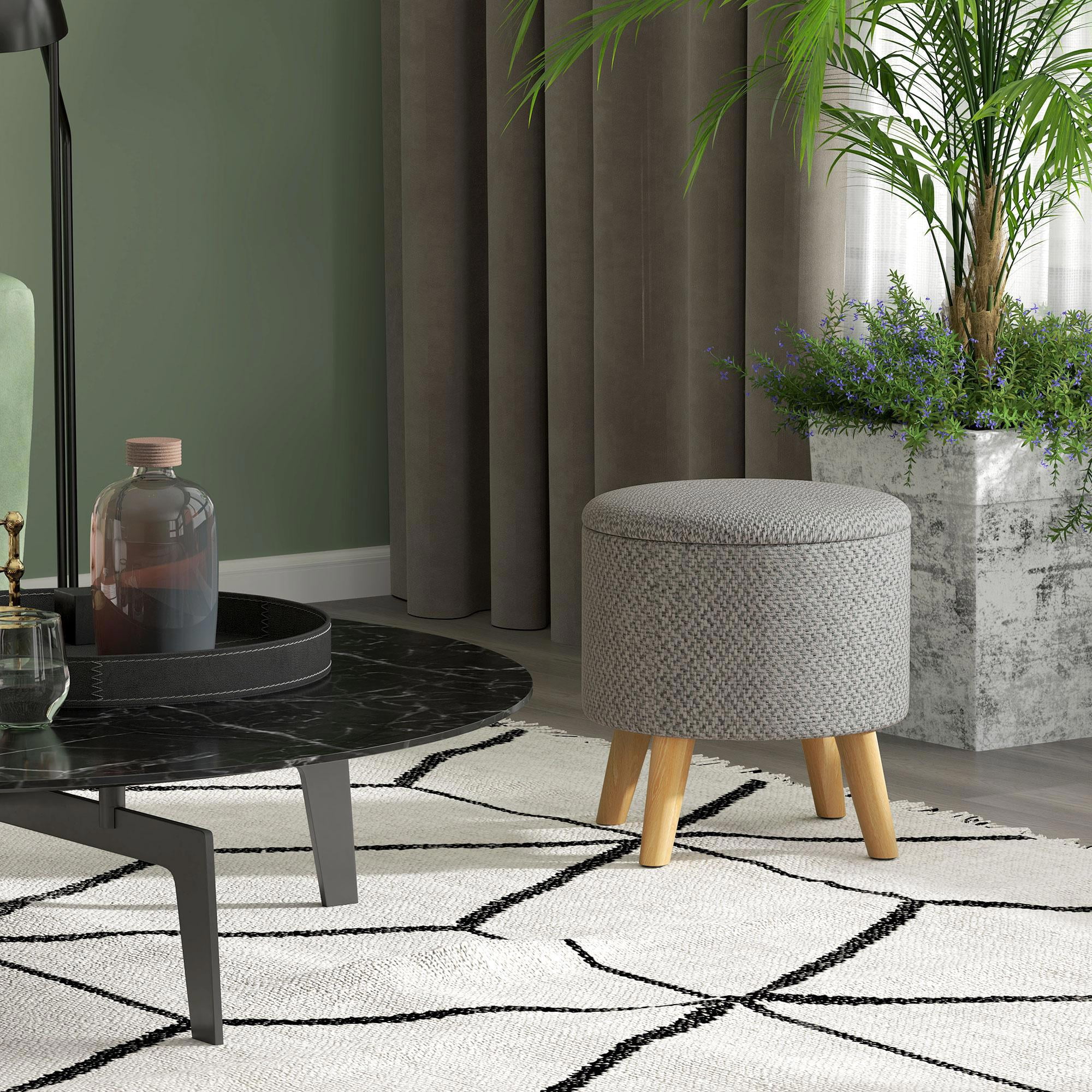 Demi Bonn 15" Round Ottoman Stool with Storage, Linen Upholstered Foot Stool with Padded Seat, Hidden Space and Wood Legs for Living Room, Bedroom, Light Gray