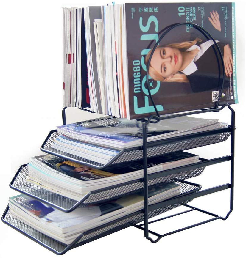 4 Sections Sturdy Plastic Magazine Holder Frames File Dividers Cabinet Rack Paper Document Office School Desk Organiser Box Black 