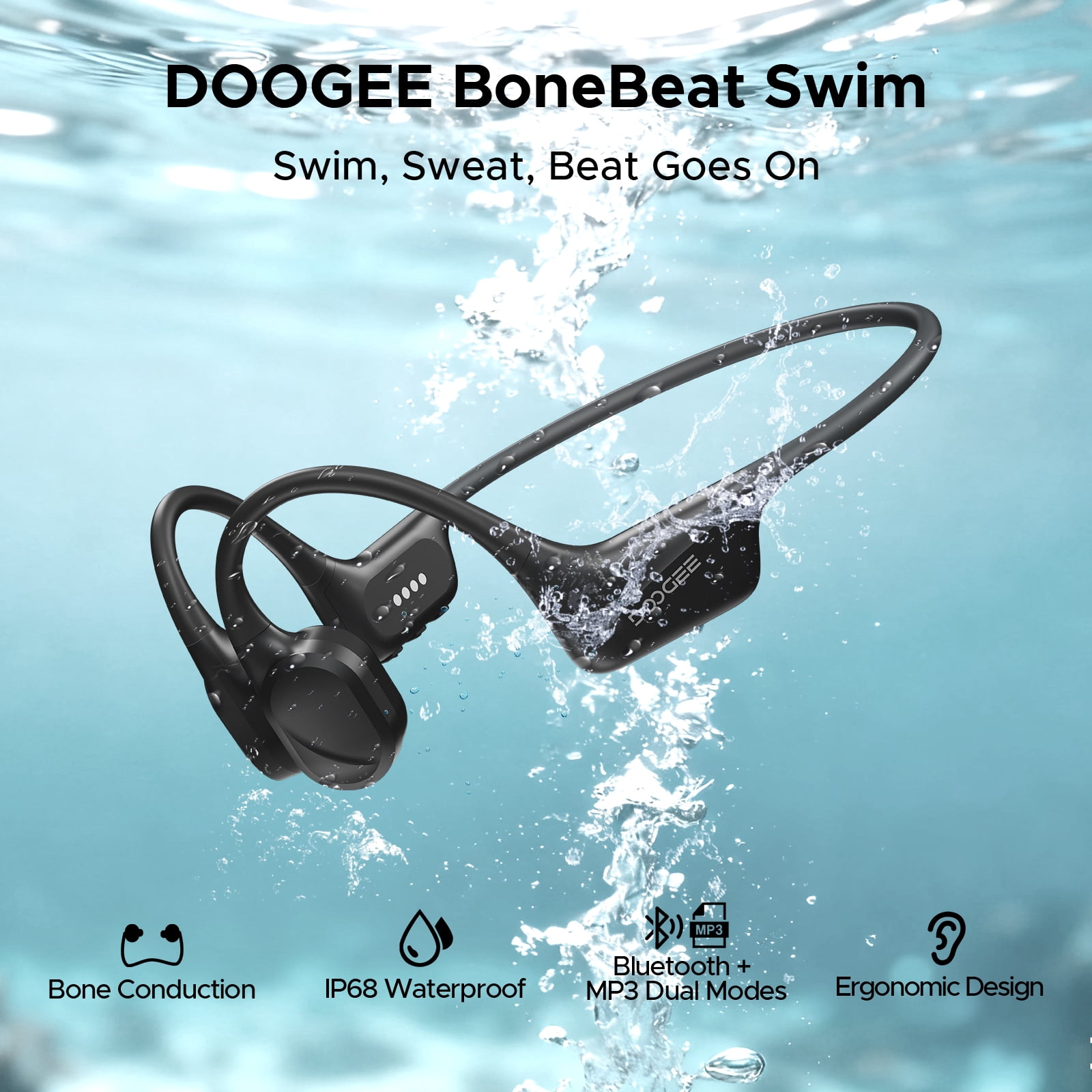 DOOGEE Bone Conduction Headphones, IP68 Waterproof Swimming Headphones Wireless Bluetooth 5.4, Skin Friendly Silicone, 32GB MP3 Mode, Sport Open Earphones for Underwater, Running, Cycling