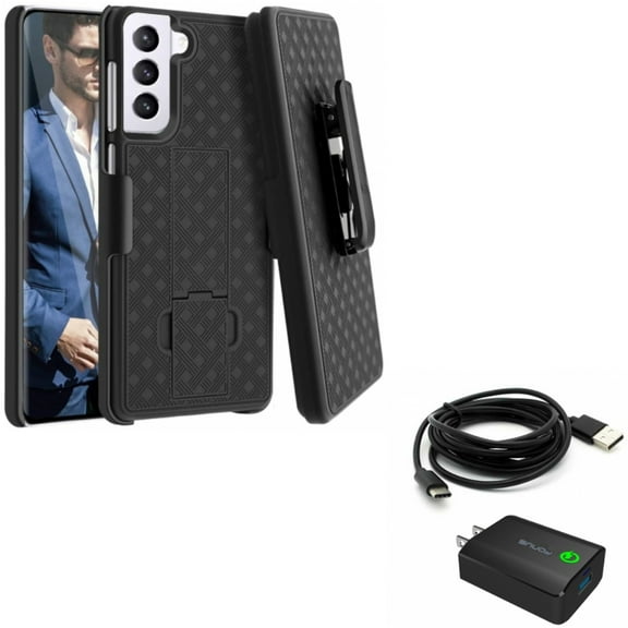 Case Belt Clip w Home Charger for Samsung Galaxy S21 Plus - Holster Swivel Cover, 18W Fast 6ft USB-C Cable Type-C