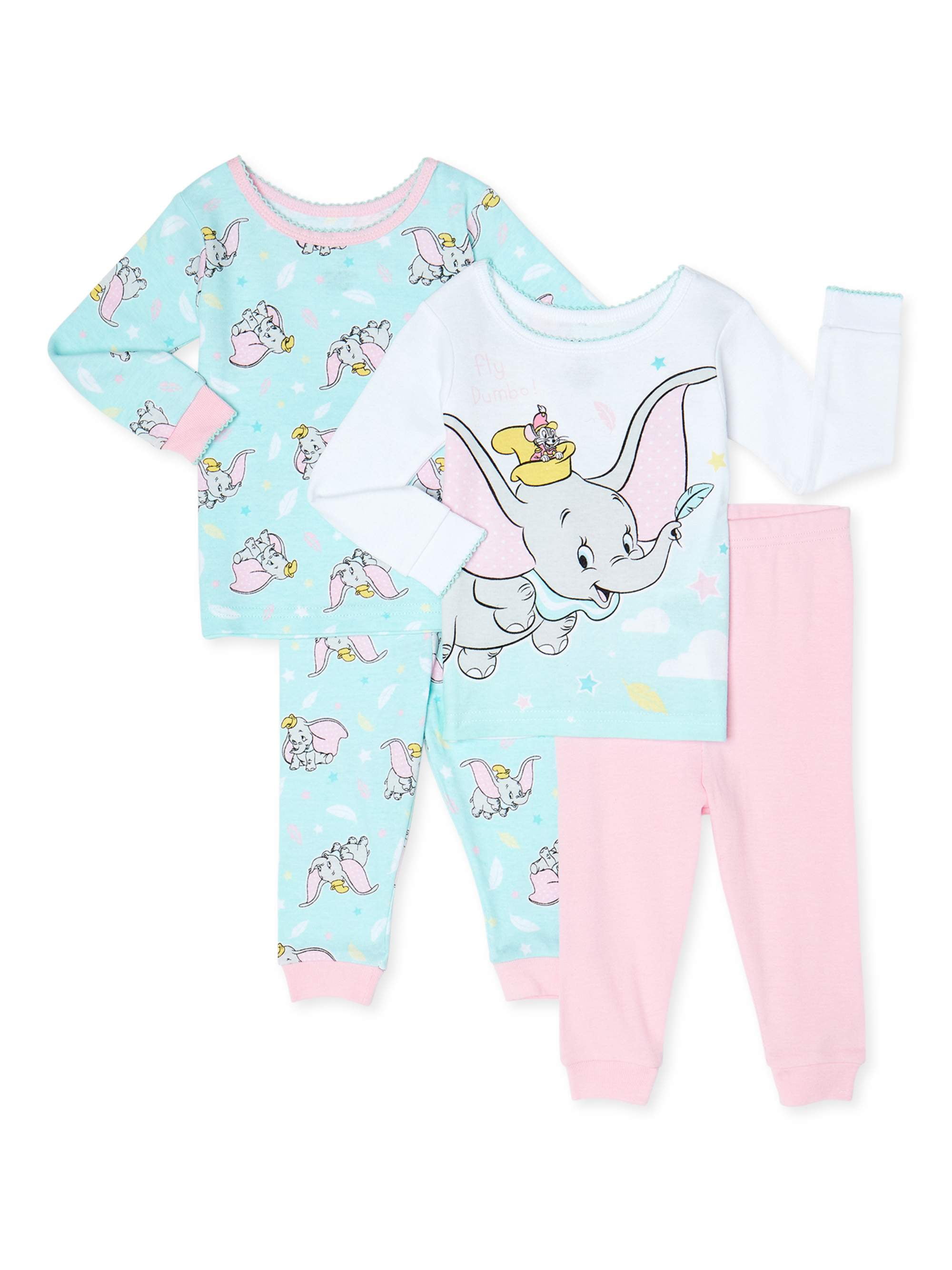Dumbo Dumbo Baby Girl Long Sleeve Snug Fit Cotton Pajamas, 4Piece
