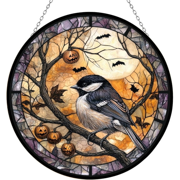 Customized Halloween Chickadee Stained Glass Window Hanging by Clare Donovan, Suncatcher for Women, Stained Glass Window Decor Perfect Home Décor