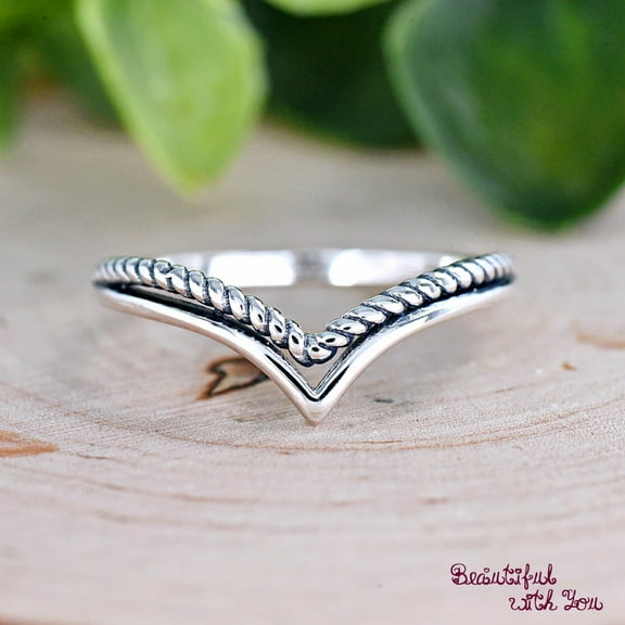 SS DESIGNS Double Layered Plain Rope Twisted Wishbone Thumb Ring, Solid 925 Sterling Silver Two Line Layered V Shape Chevron Ring, Midi Thumb V Ring
