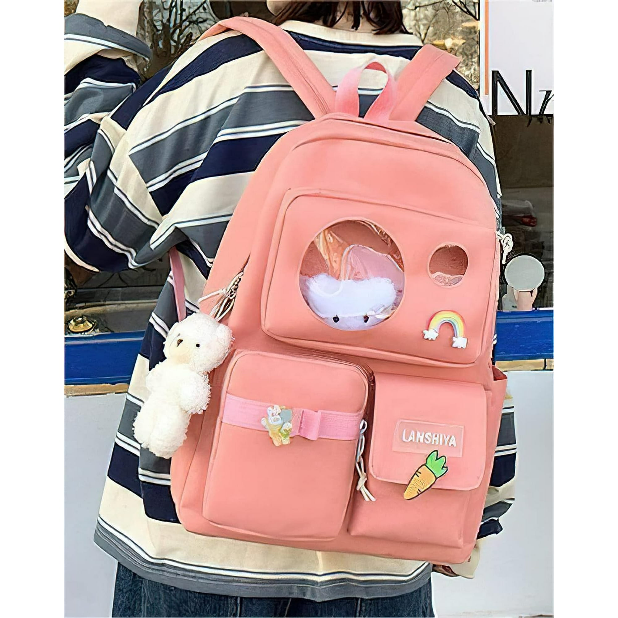 Kawaii Aesthetic Cute 5pcs School Bags Set with Accessories School Suppliers for Teens Girls Backpack Tote Bag Pink