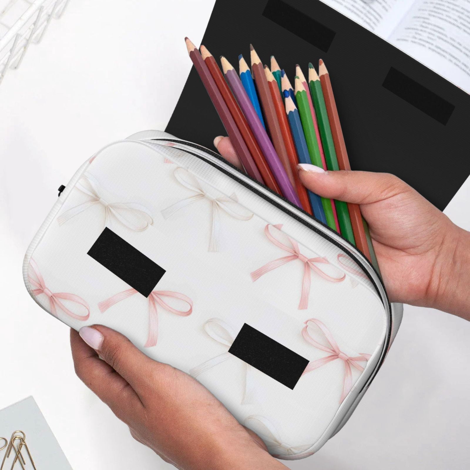 Large-Capacity Flip-Top Double-Layer Pencil Case, Multi-Functional Pocket Pen Case, Durable Stationery Organizer Pink And White Bow Tie