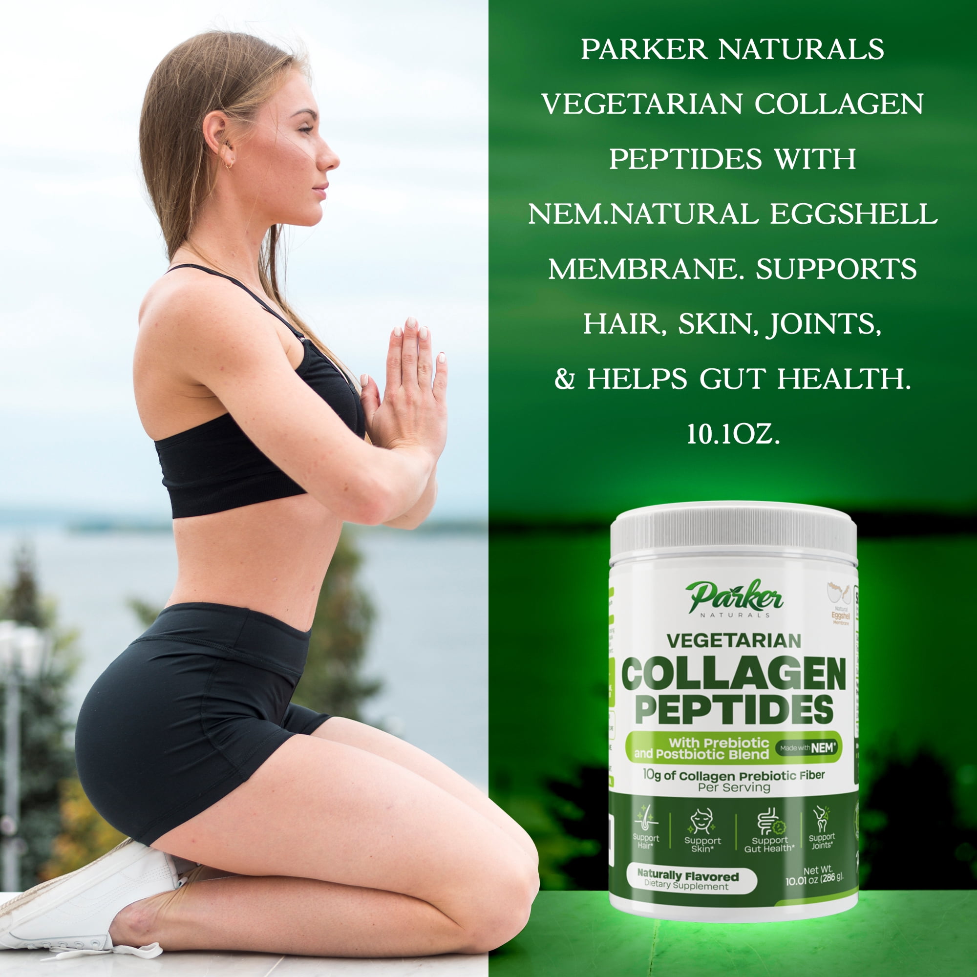 Parker Naturals Vegetarian Collagen Peptides Powder with NEM, Prebiotic and Postbiotic Blend for Skin, Hair, Gut and Joint health, 28 servings
