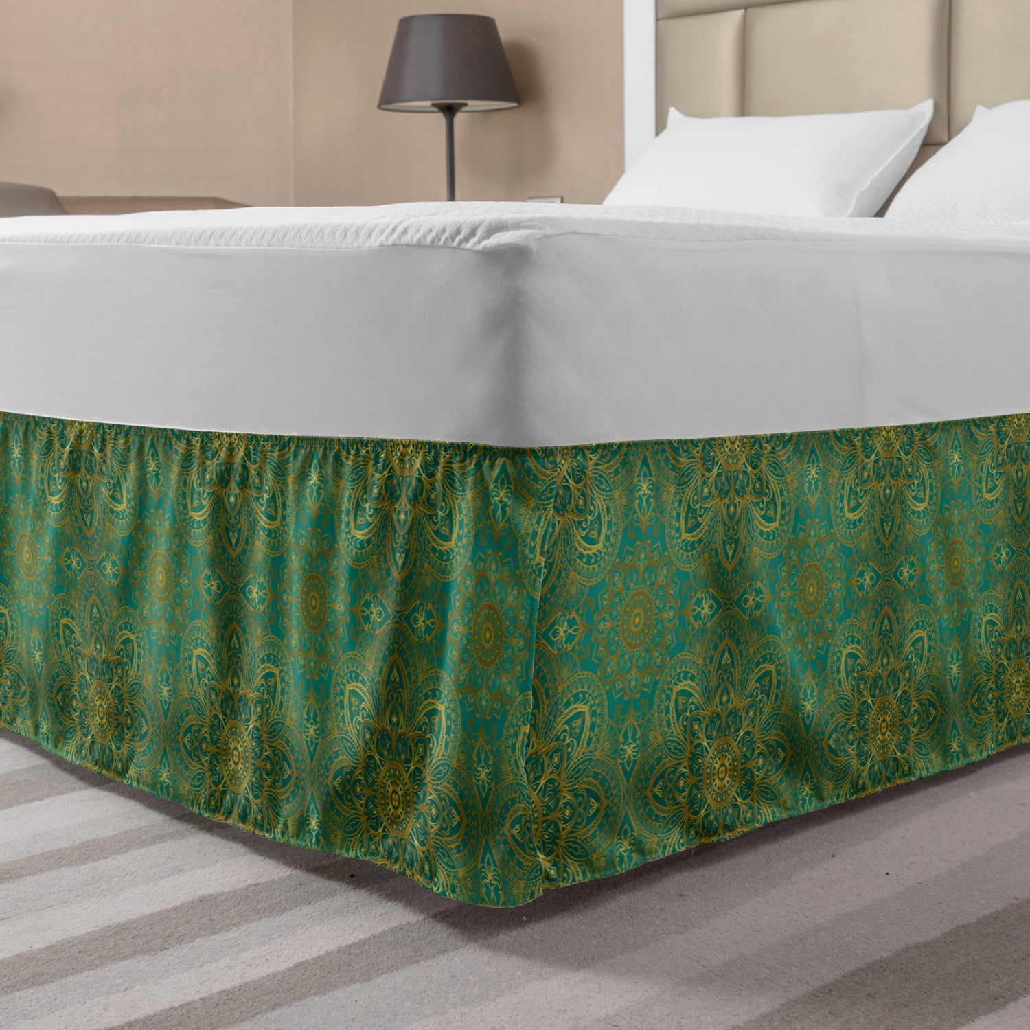 Orient Bed Skirt, Rich Curly Royalty Ornaments on Turquoise Background
